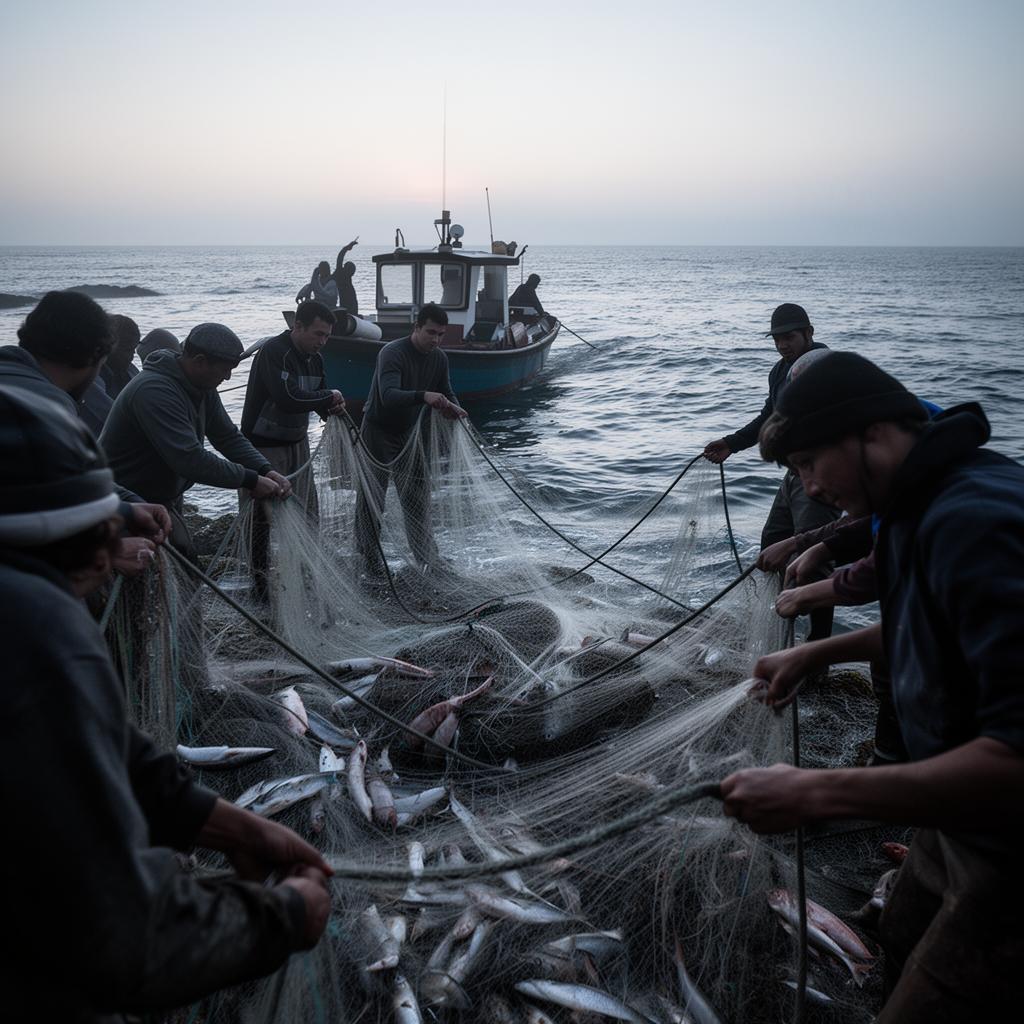 Coastal fishers pulling in nets from a small boat at dawn.