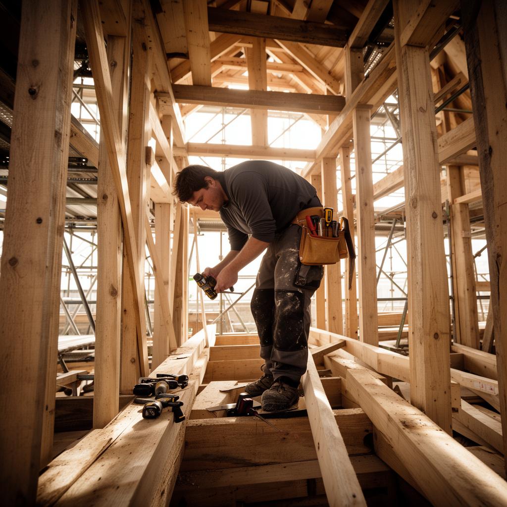 A carpenter working inside a timber-framed structure with sunlight overhead.