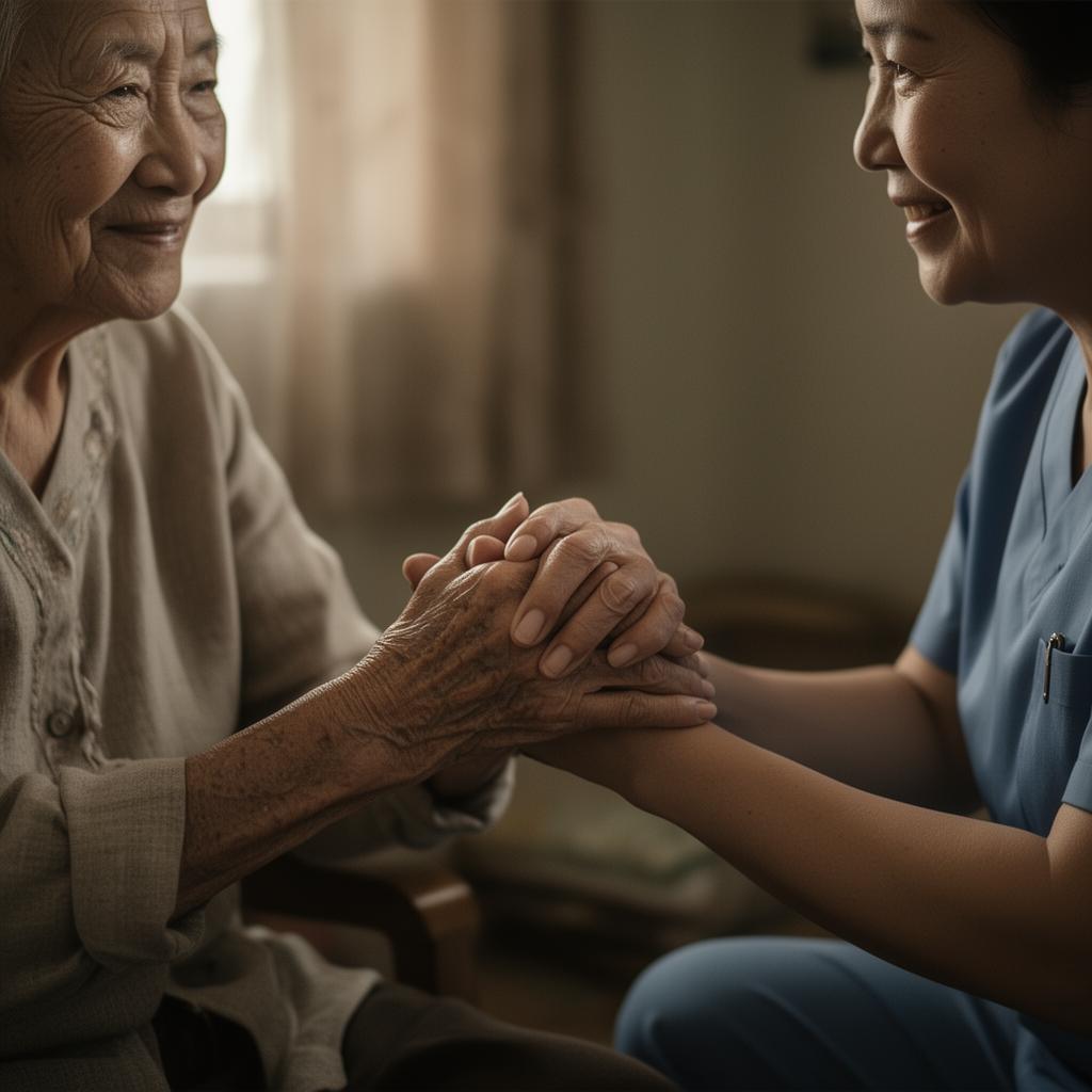 A caregiver holding the hands of an elderly woman in soft window light.