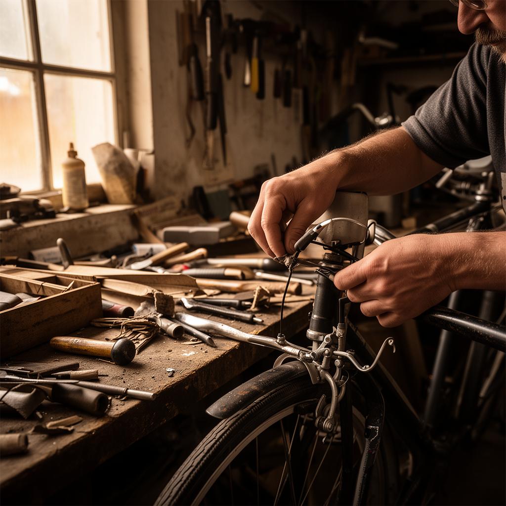 A repair worker fixing a bicycle on a workshop bench full of tools.