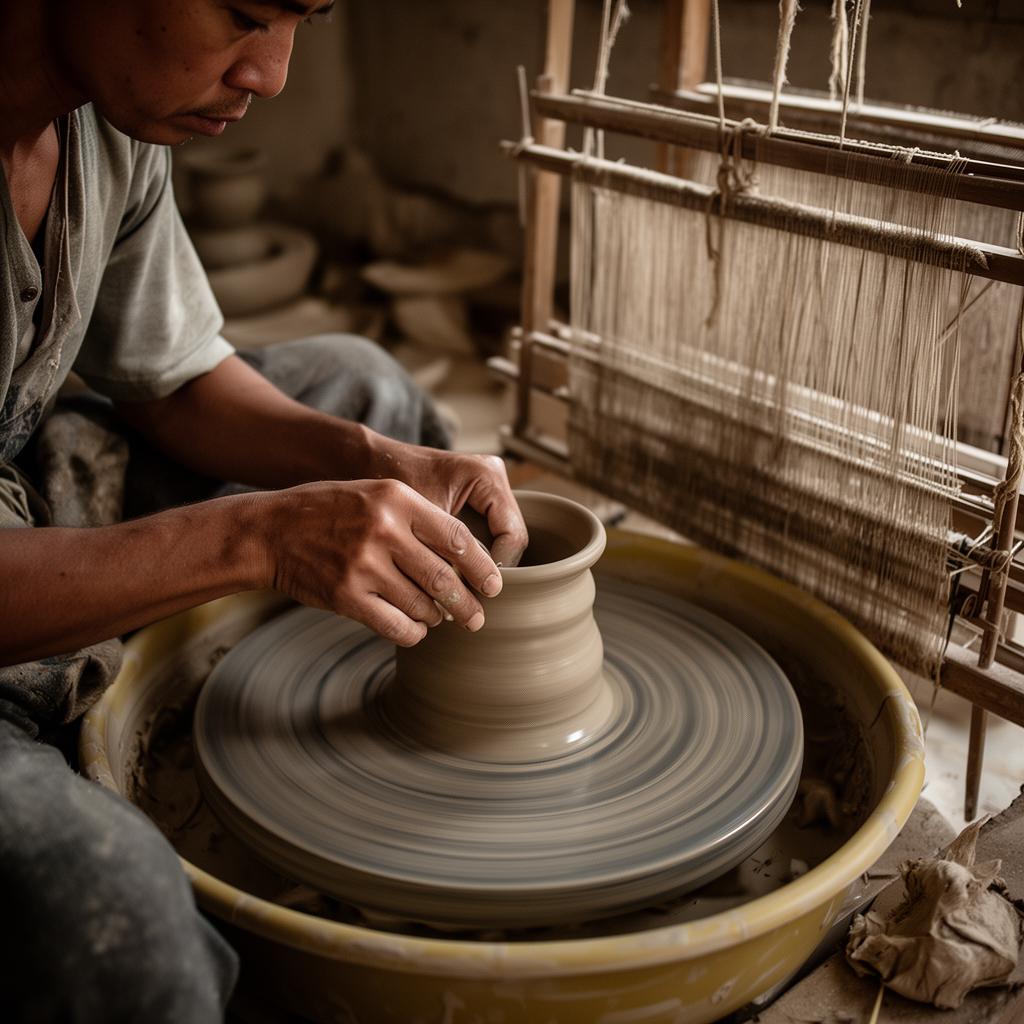A potter shaping clay on a wheel beside a wooden weaving loom.