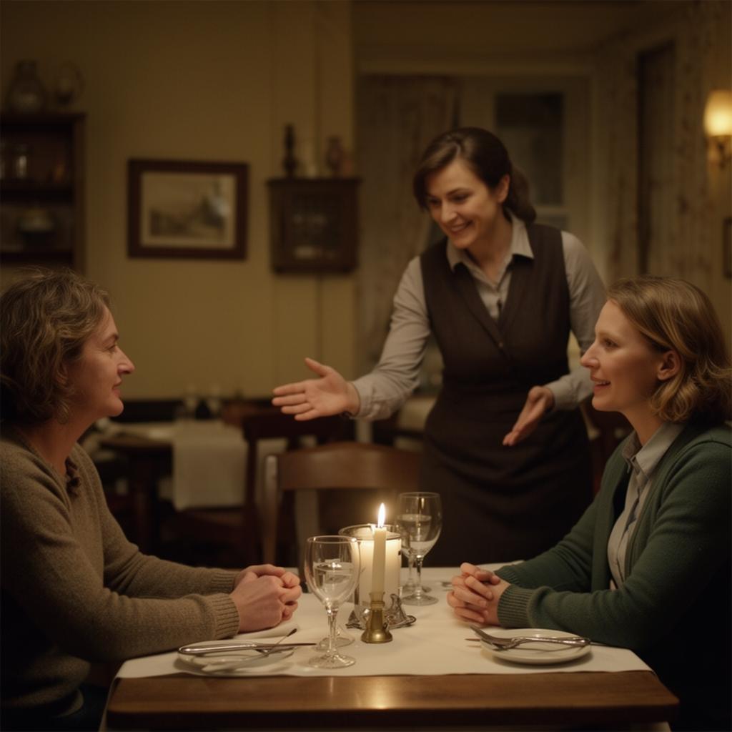 A host welcoming two guests at a candlelit restaurant table.