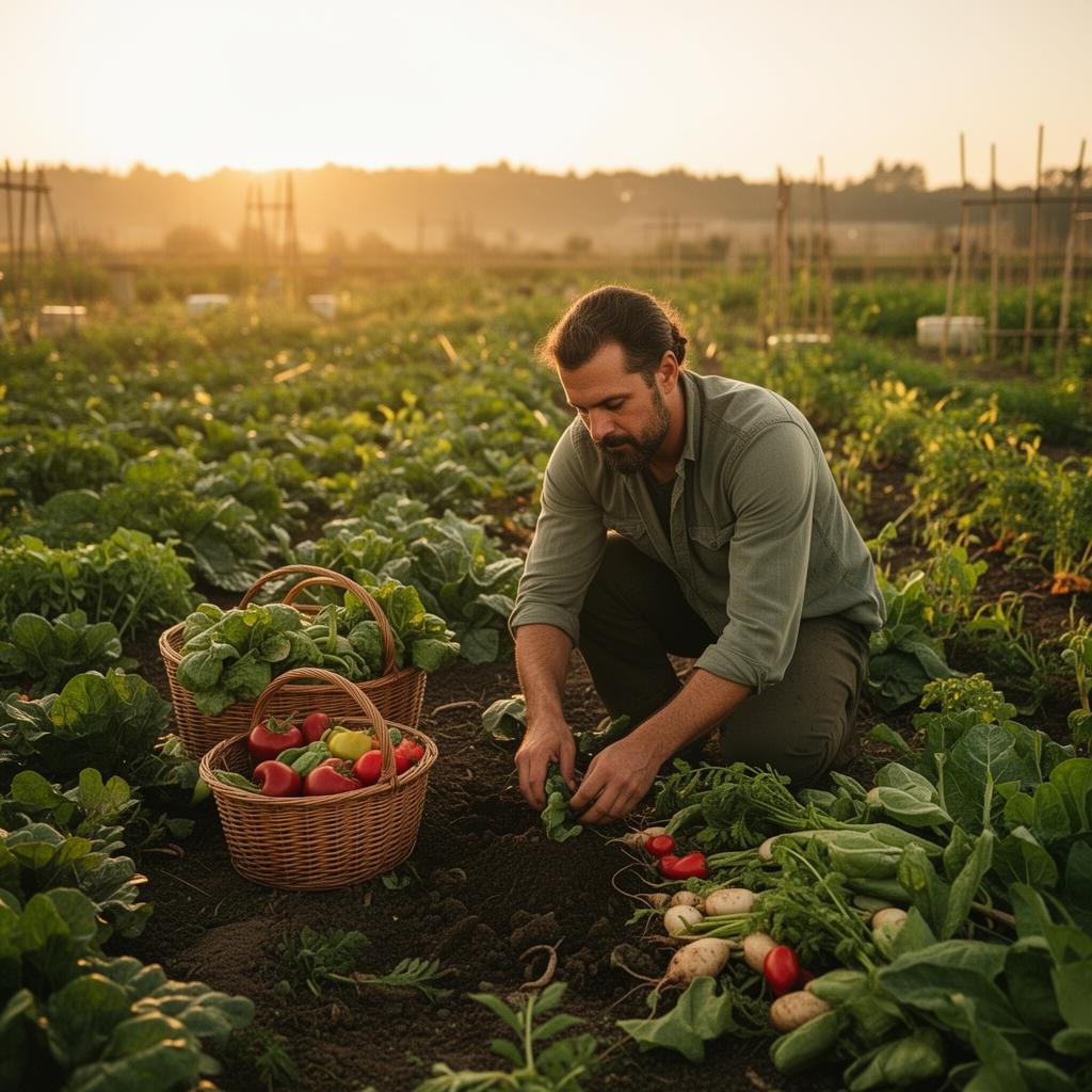 A farmer harvesting vegetables into baskets at golden hour.