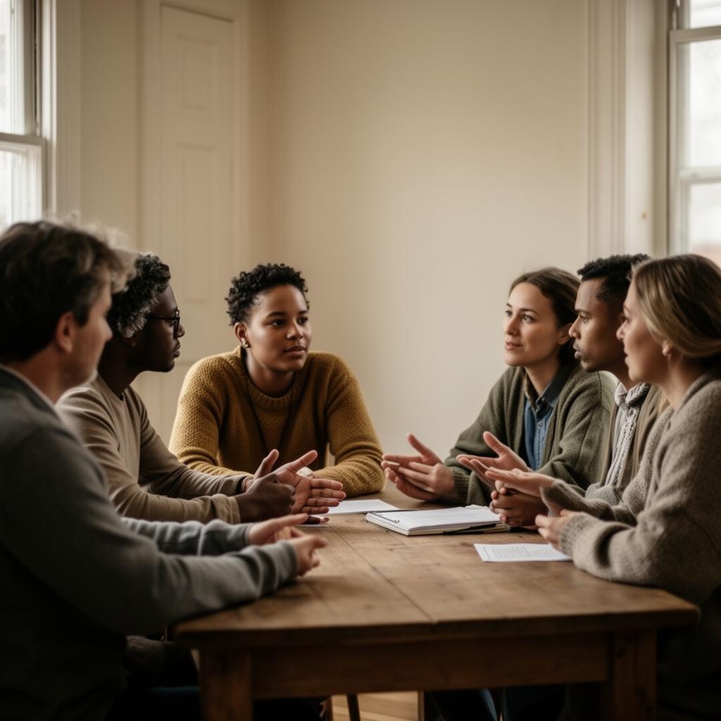 A diverse group of people in conversation around a wooden table.